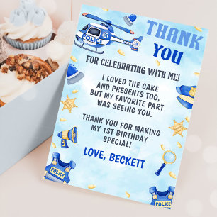 Police Boy Birthday Party Thank You Card