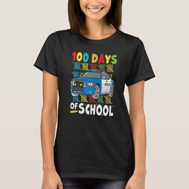 Police Car 100 Days of School for Teachers Boys Ki T-Shirt (Front)
