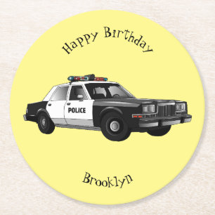 Police car cartoon illustration round paper coaster