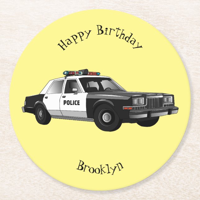 Police car cartoon illustration round paper coaster (Front)