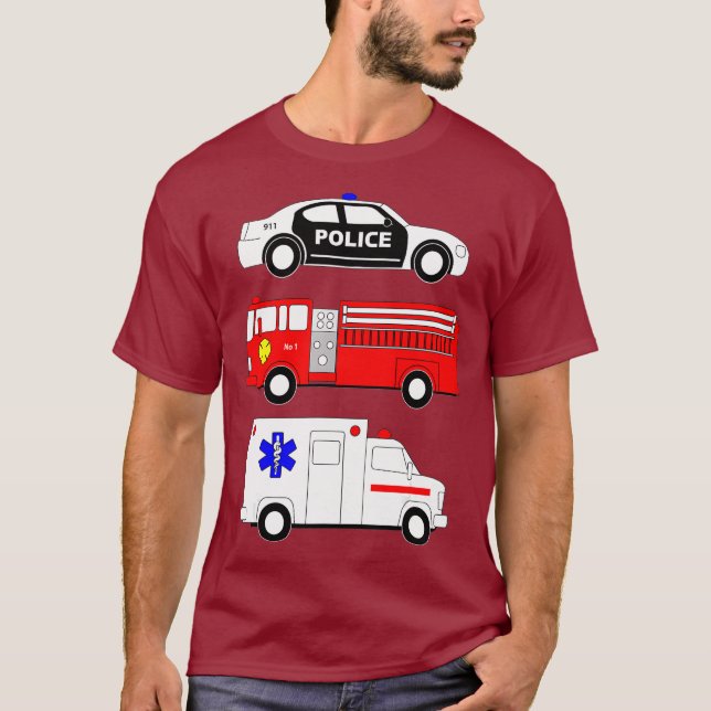 Police Car Fire Truck Ambulance First Responders T-Shirt (Front)