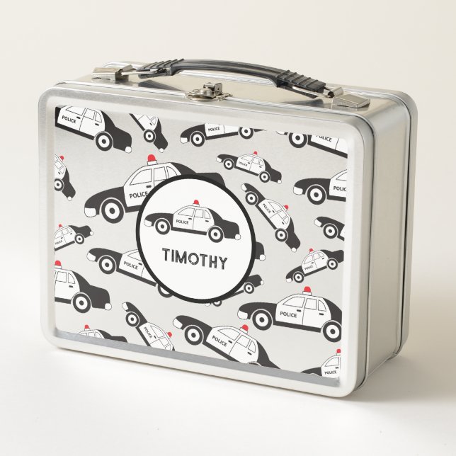 Police Car Pattern Custom Name Metal Lunch Box (Front)