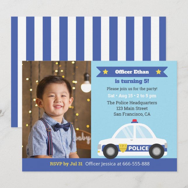 Police Car Police Themed Boys Birthday Party Photo Invitation (Front/Back)