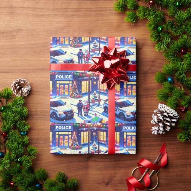 Police Car Policeman Santa and Christmas Tree Wrapping Paper (Holiday Gift)