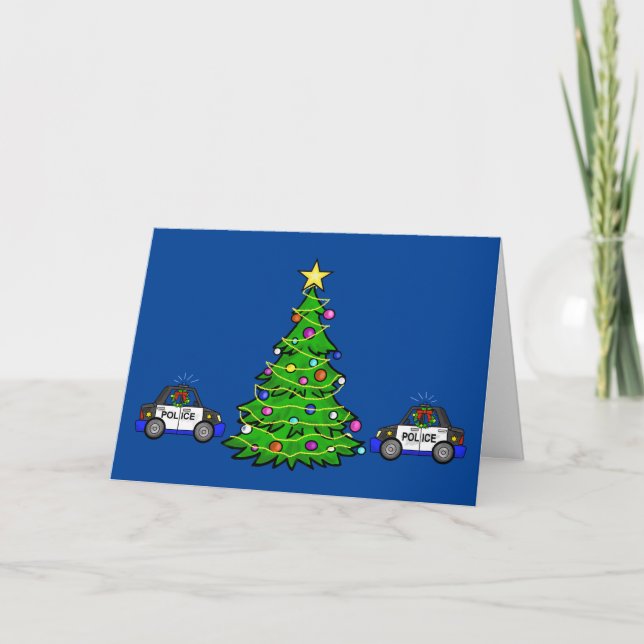 Police Cars Around Christmas Tree Greeting Card (Front)