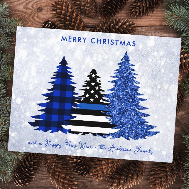 Police Christmas Blue Plaid Glitter Tree Festive Holiday Postcard (Creator Uploaded)