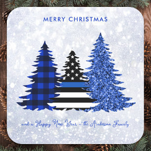 Police Christmas Blue Plaid Glitter Tree Festive Square Sticker