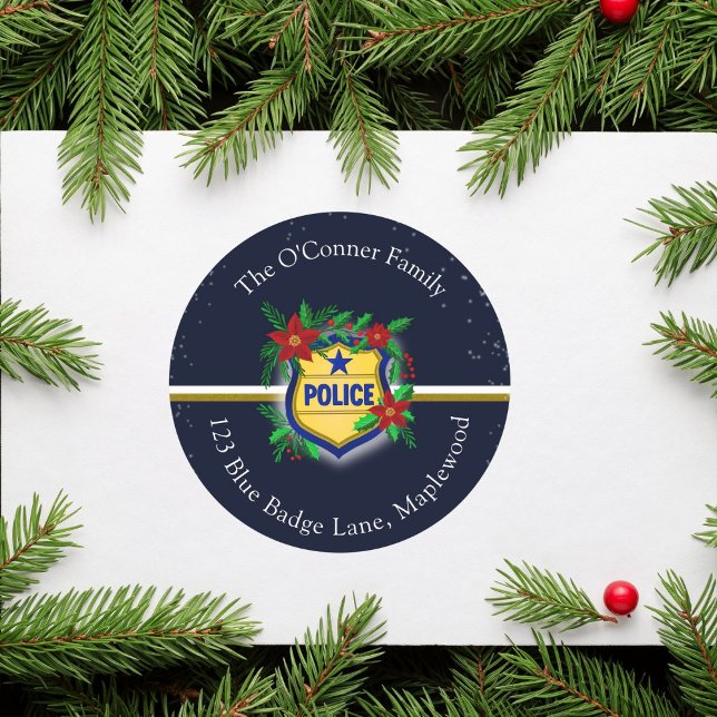 Police Christmas Elegant Holiday Party Classic Round Sticker (Creator Uploaded)