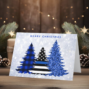Police Christmas Thin Blue Line Glitter Plaid Tree Holiday Card