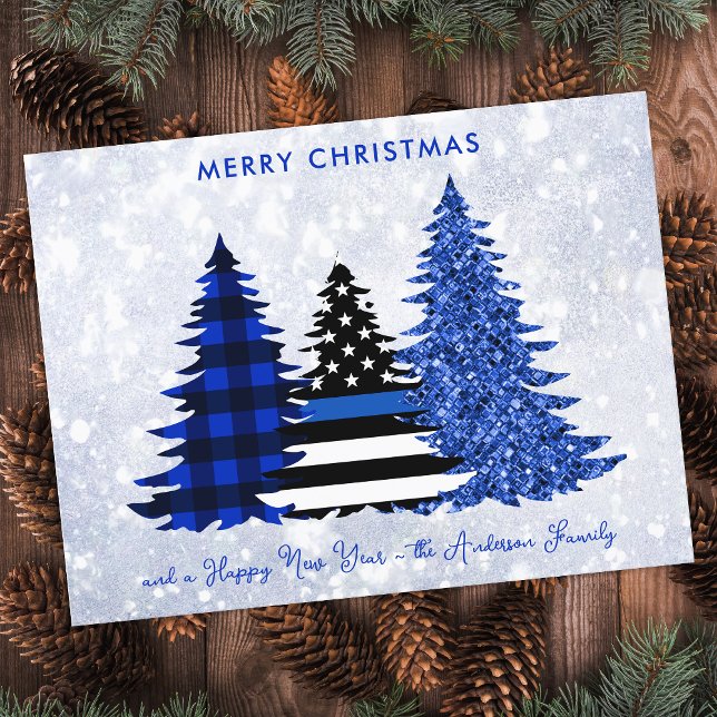 Police Christmas Thin Blue Line Glitter Plaid Tree Holiday Postcard (Creator Uploaded)