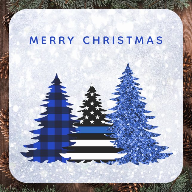 Police Christmas Thin Blue Line Glitter Plaid Tree Square Sticker (Creator Uploaded)