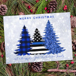 Police Christmas Thin Blue Line Plaid Glitter Tree Holiday Card<br><div class="desc">Send Merry Christmas greetings to friends and family with this Unique Police Christmas Card - Thin Blue Line, black and blue plaid and blue glitter trees on a silver snow glitter background design . Personalise with family name.. This police Christmas card is perfect for police families or police department christmas...</div>