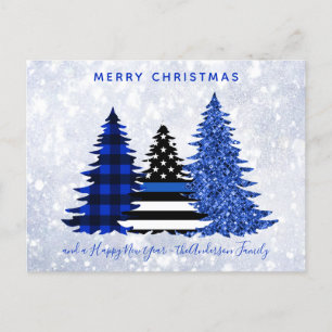Police Christmas Thin Blue Line Plaid Glitter Tree Holiday Postcard