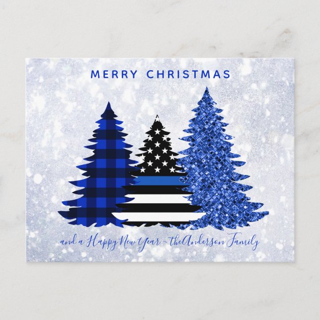 Police Christmas Thin Blue Line Plaid Glitter Tree Holiday Postcard (Front)