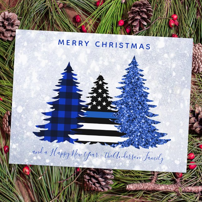 Police Christmas Thin Blue Line Plaid Glitter Tree Holiday Postcard (Creator Uploaded)