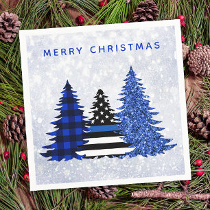 Police Christmas Thin Blue Line Plaid Glitter Tree Napkin