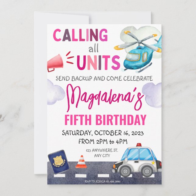 Police Cop Girl Policeman Birthday Party pink Invitation (Front)
