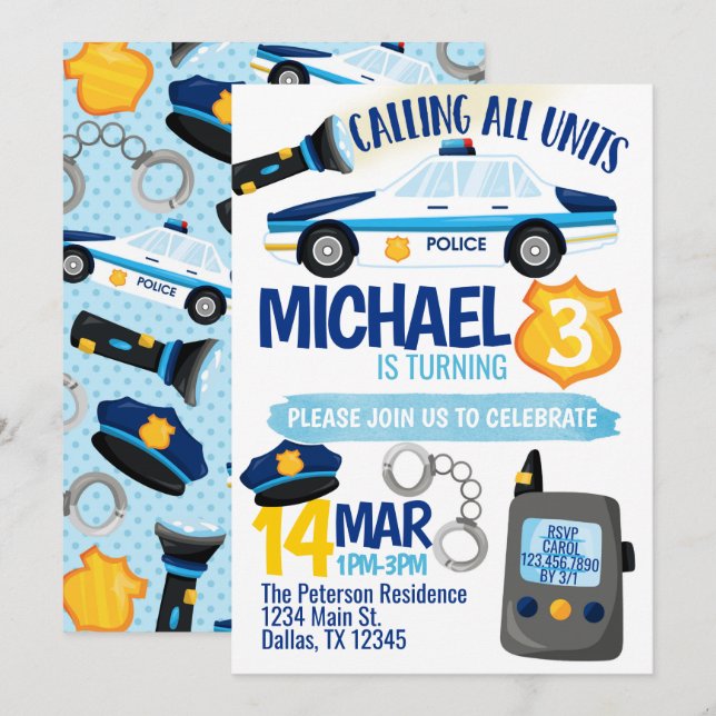 Police Cop Policeman Birthday Party Invitation (Front/Back)