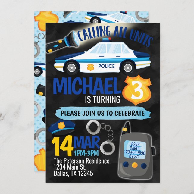 Police Cop Policeman Birthday Party Invitation (Front/Back)