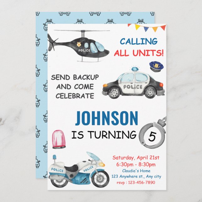 Police Cop Policeman Birthday Party Invitation (Front/Back)
