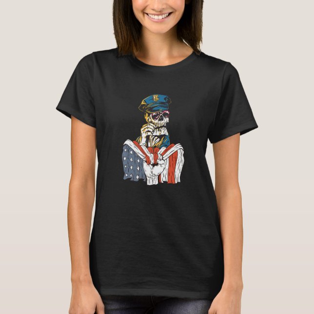 Police costume skaleton with American Flag Premium T-Shirt (Front)