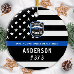 Police Department Custom Logo Blue Law Enforcement Ceramic Ornament<br><div class="desc">Thin Blue Line Police Department Christmas Ornament - American flag in Police Flag colours, modern black and blue design . Customise with your department logo, and personalise with police officers name and badge number. This personalised law enforcement ornament is perfect for police departments and law enforcement officers, stocking stuffers and...</div>