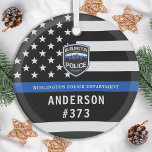 Police Department Custom Logo Blue Law Enforcement Glass Tree Decoration<br><div class="desc">Thin Blue Line Police Department Christmas Ornament - American flag in Police Flag colours, modern black and blue design . Customise with your department logo, and personalise with police officers name and badge number. This personalised law enforcement ornament is perfect for police departments and law enforcement officers, stocking stuffers and...</div>