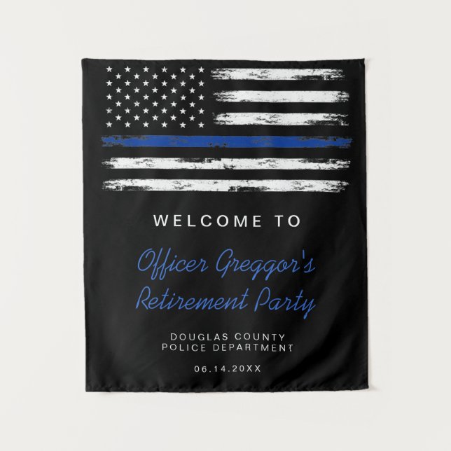 Police Distressed Thin Blue Line Retirement  Tapestry (Front)