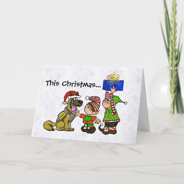 Police Dog and Elves Christmas Card (Front)
