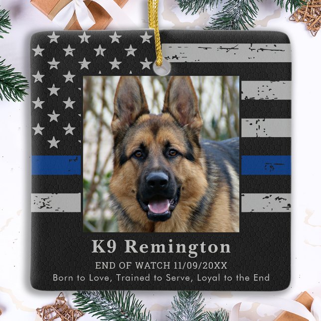 Police Dog K9 Memorial Photo EOW Thin Blue Line Ceramic Ornament (Creator Uploaded)