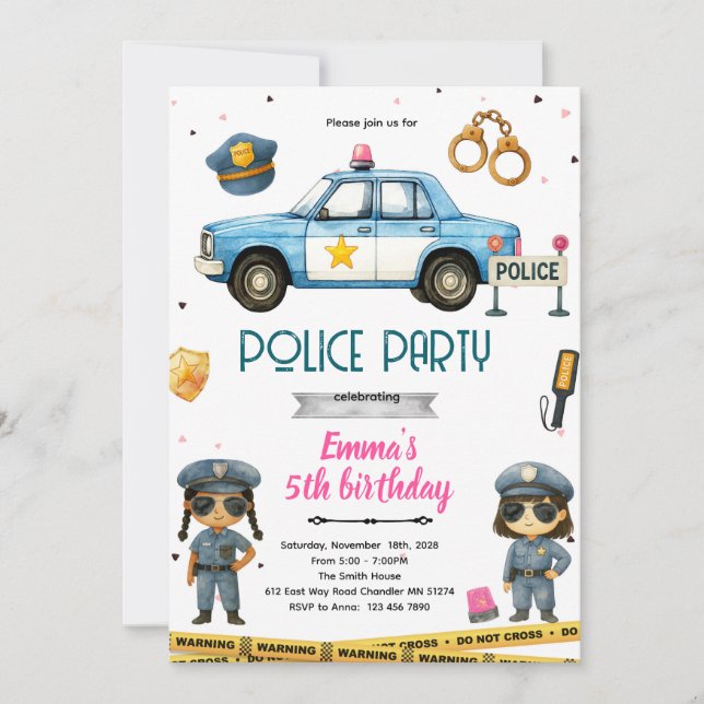 Police girl party theme invitation (Front)