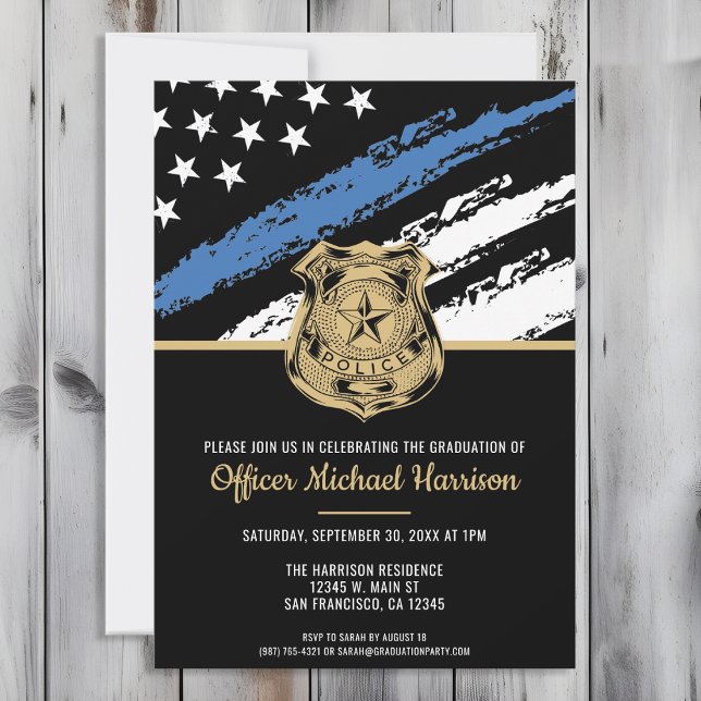 Police Graduation Blue Line Flag Law Enforcement Invitation (Perfect invitation to invite guests to celebrate the new police academy graduate in law enforcement!)
