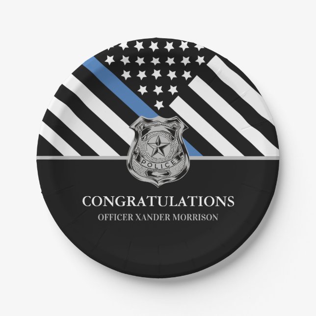 Police Graduation Blue Line Flag Law Enforcement Paper Plate (Front)