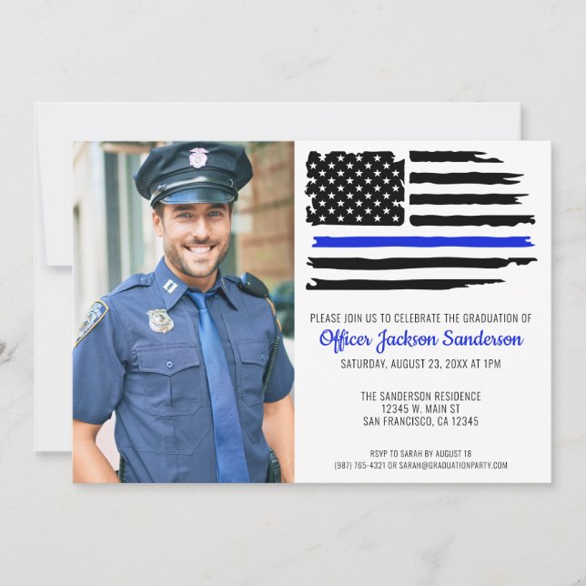 Police Graduation Blue Line Law Enforcement Photo Invitation (Front)