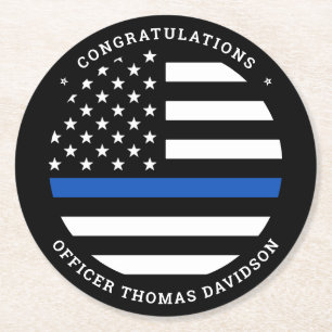 Police Graduation Party Modern Thin Blue Line Flag Round Paper Coaster