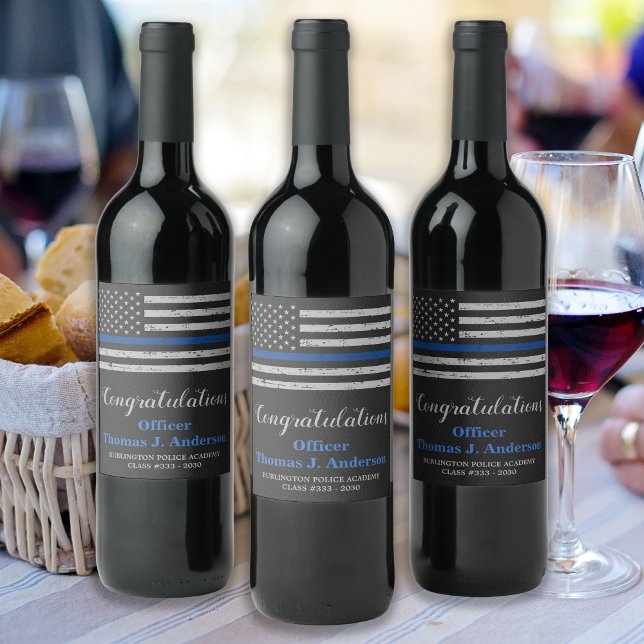 Police Graduation Party Thin Blue Line Flag Wine Label (Creator Uploaded)