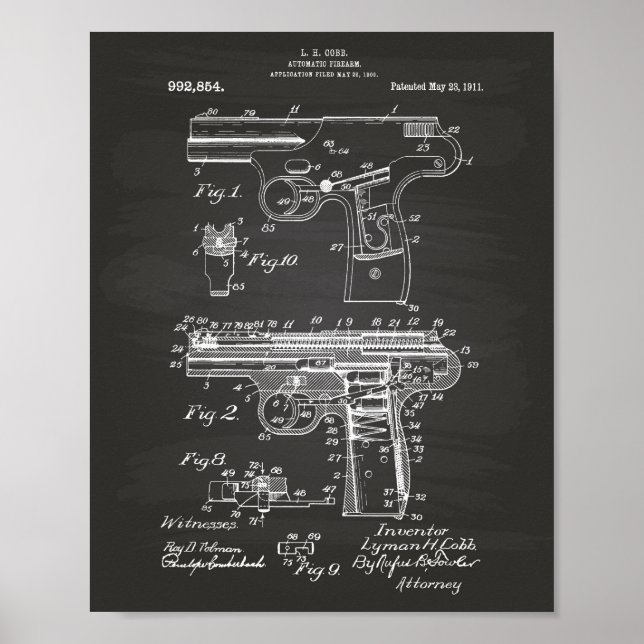 Police Gun 1911 Patent Art - Chalkboard Poster (Front)