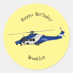 Police helicopter cartoon illustration classic round sticker