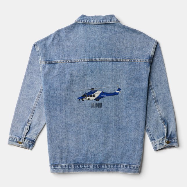 Police helicopter cartoon illustration  denim jacket (Back)