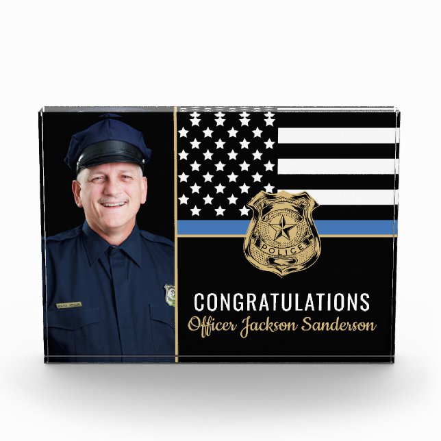 Police Law Enforcement Retirement Blue Line Flag Photo Block (Front)