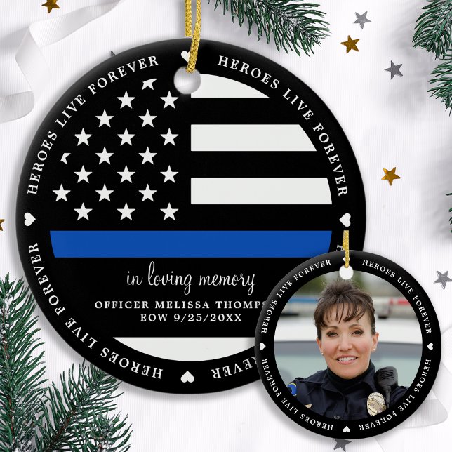 Police Memorial Fallen Officer Thin Blue Line  Ceramic Ornament (Creator Uploaded)