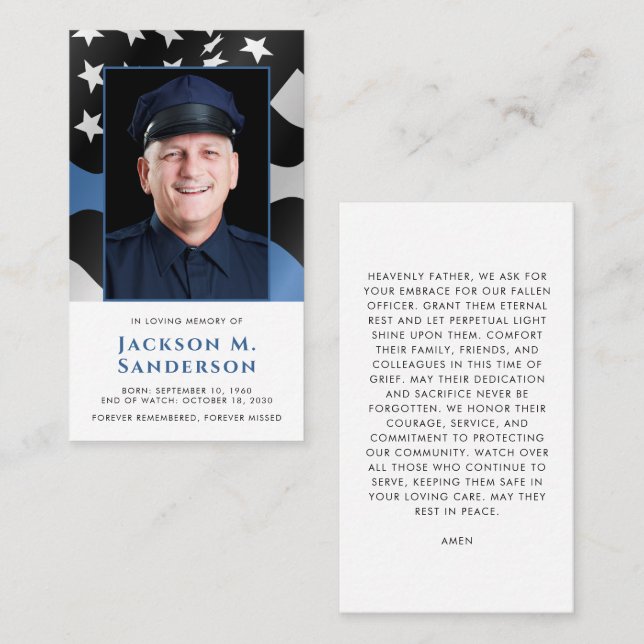 Police Memorial Thin Blue Line Photo Prayer Card (Front/Back)