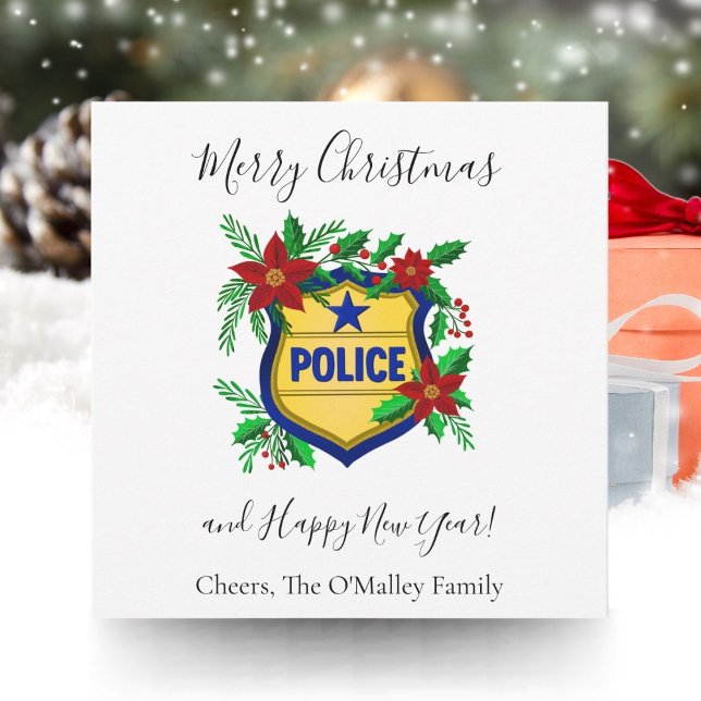Police Merry Christmas & Happy New Year Shield Holiday Card (Creator Uploaded)