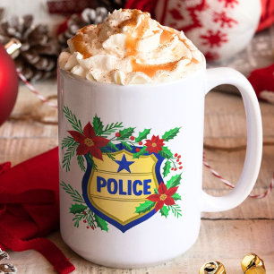 Police Merry Christmas Shield with Poinsettia  Coffee Mug