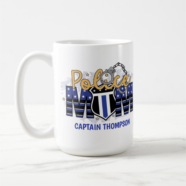 Police Mum Personalised Badge Thin Blue Line   Coffee Mug (Left)