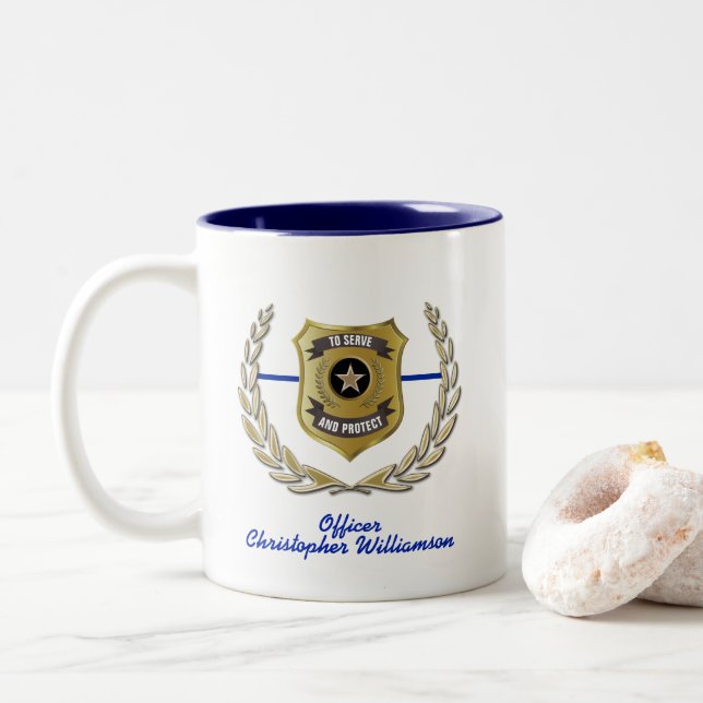 Police Officer Badge Personalised Two-Tone Coffee Mug (With Donut)