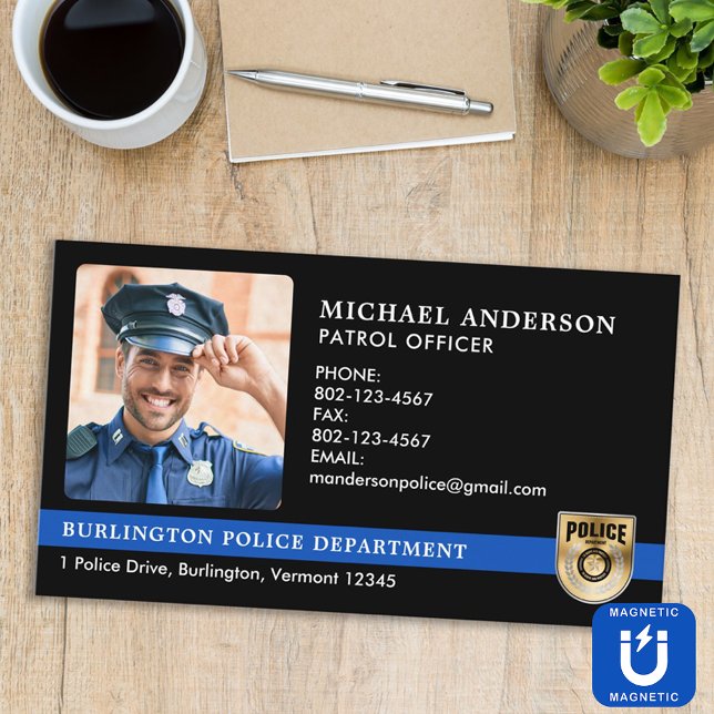 Police Officer Custom Law Enforcement Logo Photo Magnetic Business Card (Creator Uploaded)