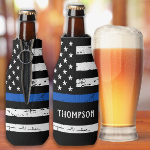 Police Officer Custom Name Thin Blue Line Bottle Cooler