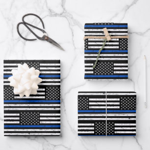 Police Officer Gifts American Flag Thin Blue Line Wrapping Paper Sheet
