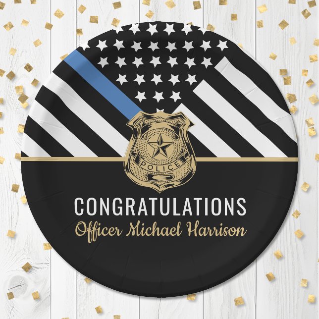 Police Officer Graduation Law Enforcement Flag Paper Plate (Police Blue Line Flag Congratulations Graduation Paper Plates)